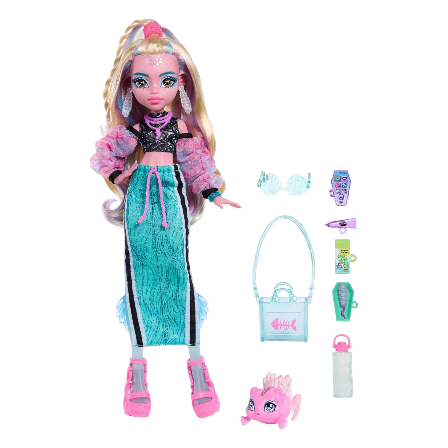 Monster High Lagoona Blue Core Refresh doll with accessories on a white background