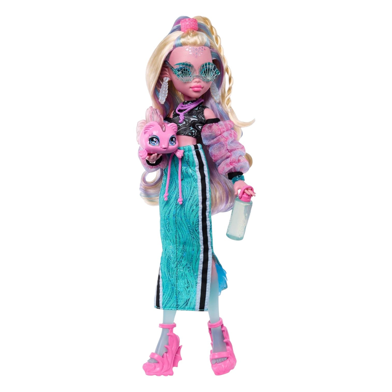 Monster High Lagoona Blue Core Refresh doll doll with pink hair, blue outfit, and pink shoes on a white background