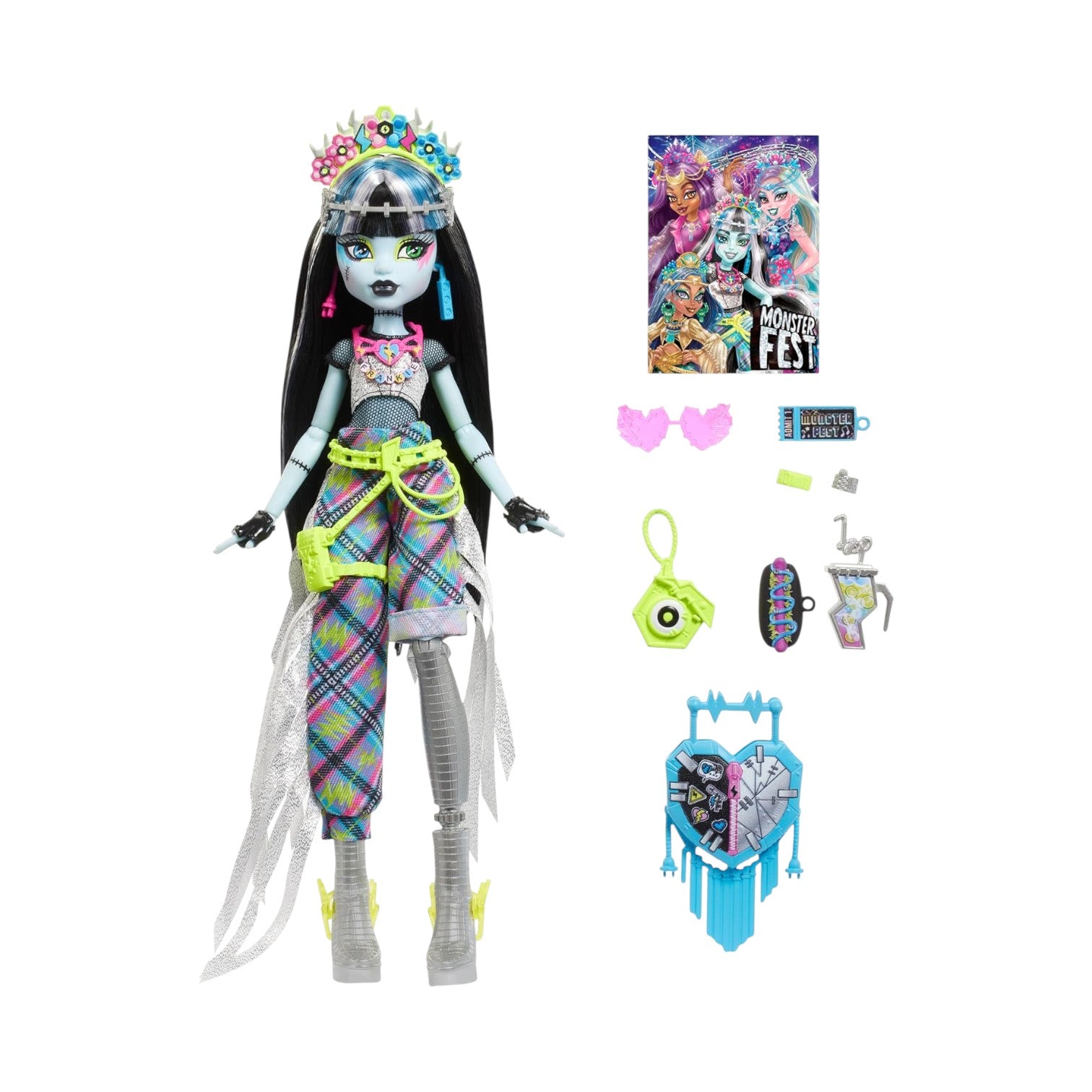 Monster High Frankie Stein Monster Fest doll with silver fringe pants, bolt flower crown, and music festival accessories like a camera and snacks.