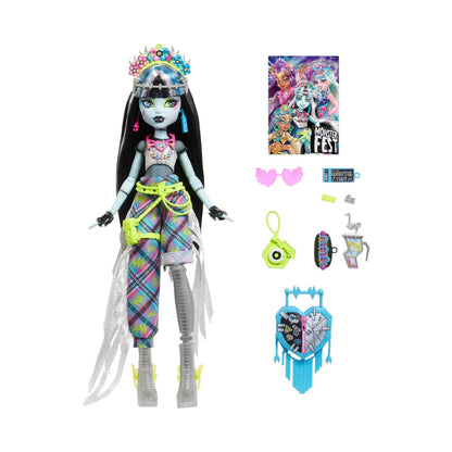 Monster High Frankie Stein Monster Fest doll with silver fringe pants, bolt flower crown, and music festival accessories like a camera and snacks.