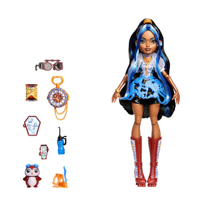 Monster High Robecca Steam fashion doll featuring a blue puff-sleeve blouse, red rocket boots, and her mechanical pet penguin Captain Penny.