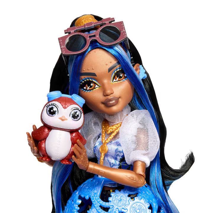 Monster High Robecca Steam fashion doll featuring a blue puff-sleeve blouse, red rocket boots, and her mechanical pet penguin Captain Penny.