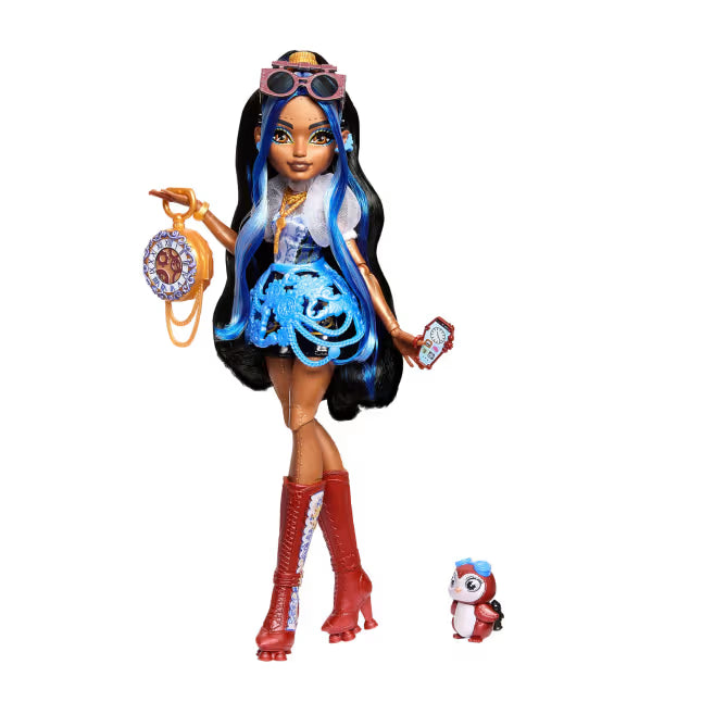 Monster High Robecca Steam fashion doll featuring a blue puff-sleeve blouse, red rocket boots, and her mechanical pet penguin Captain Penny.
