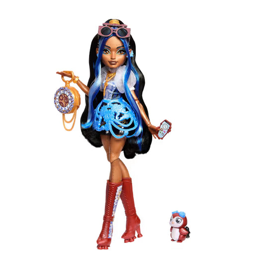 Monster High Robecca Steam fashion doll featuring a blue puff-sleeve blouse, red rocket boots, and her mechanical pet penguin Captain Penny.