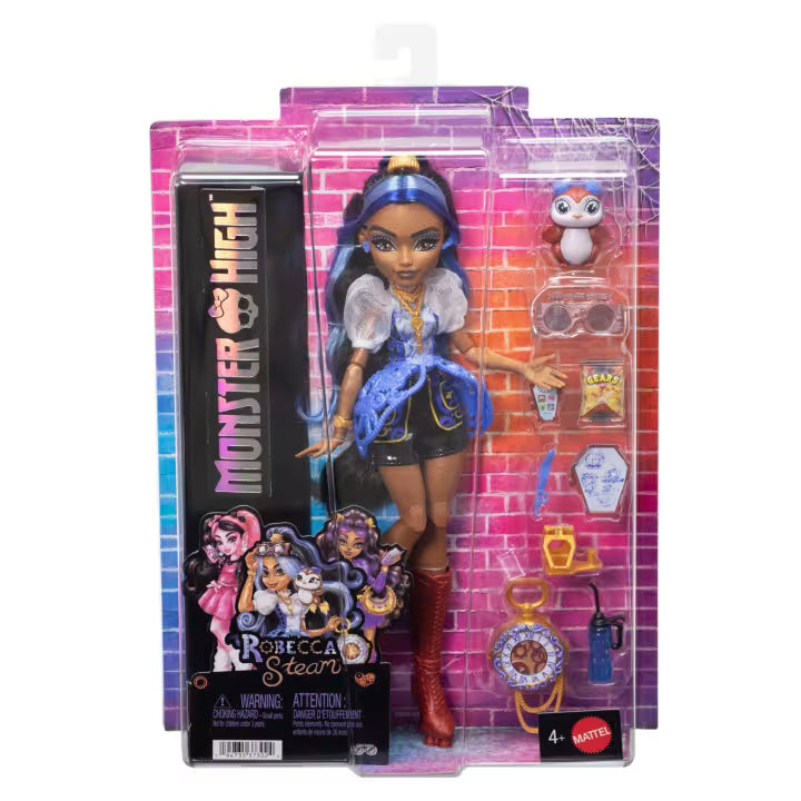 Monster High Robecca Steam fashion doll featuring a blue puff-sleeve blouse, red rocket boots, and her mechanical pet penguin Captain Penny.