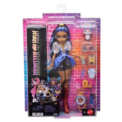 Monster High Robecca Steam fashion doll featuring a blue puff-sleeve blouse, red rocket boots, and her mechanical pet penguin Captain Penny.
