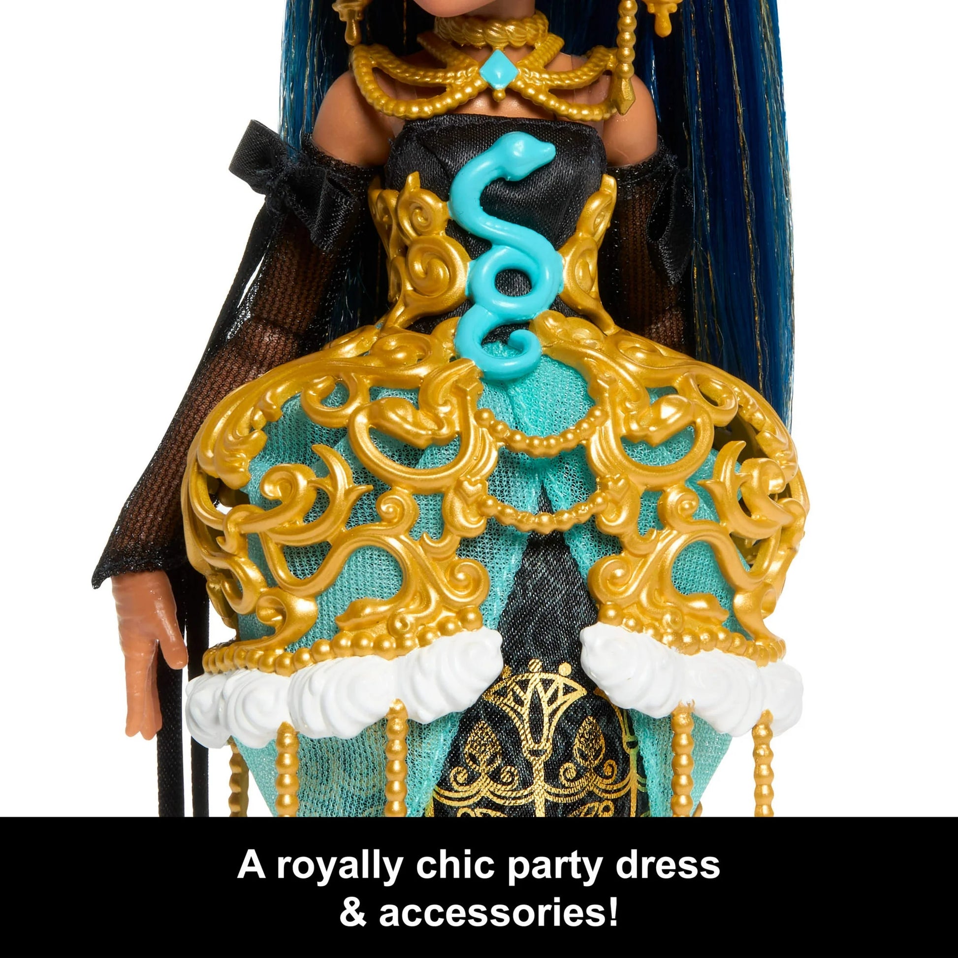 Doll wearing a royally chic party dress with gold and blue details on a white background.