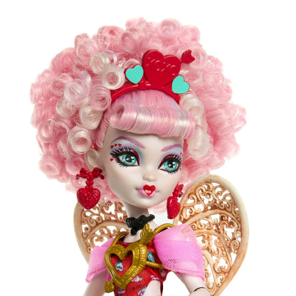 Toy doll with pink hair and decorative headband on a white background