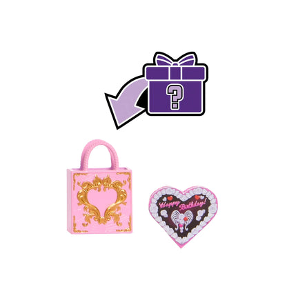 Pink gift bag with gold design, purple mystery box with question mark, and heart-shaped card with 'Happy Birthday!' text on a white background.