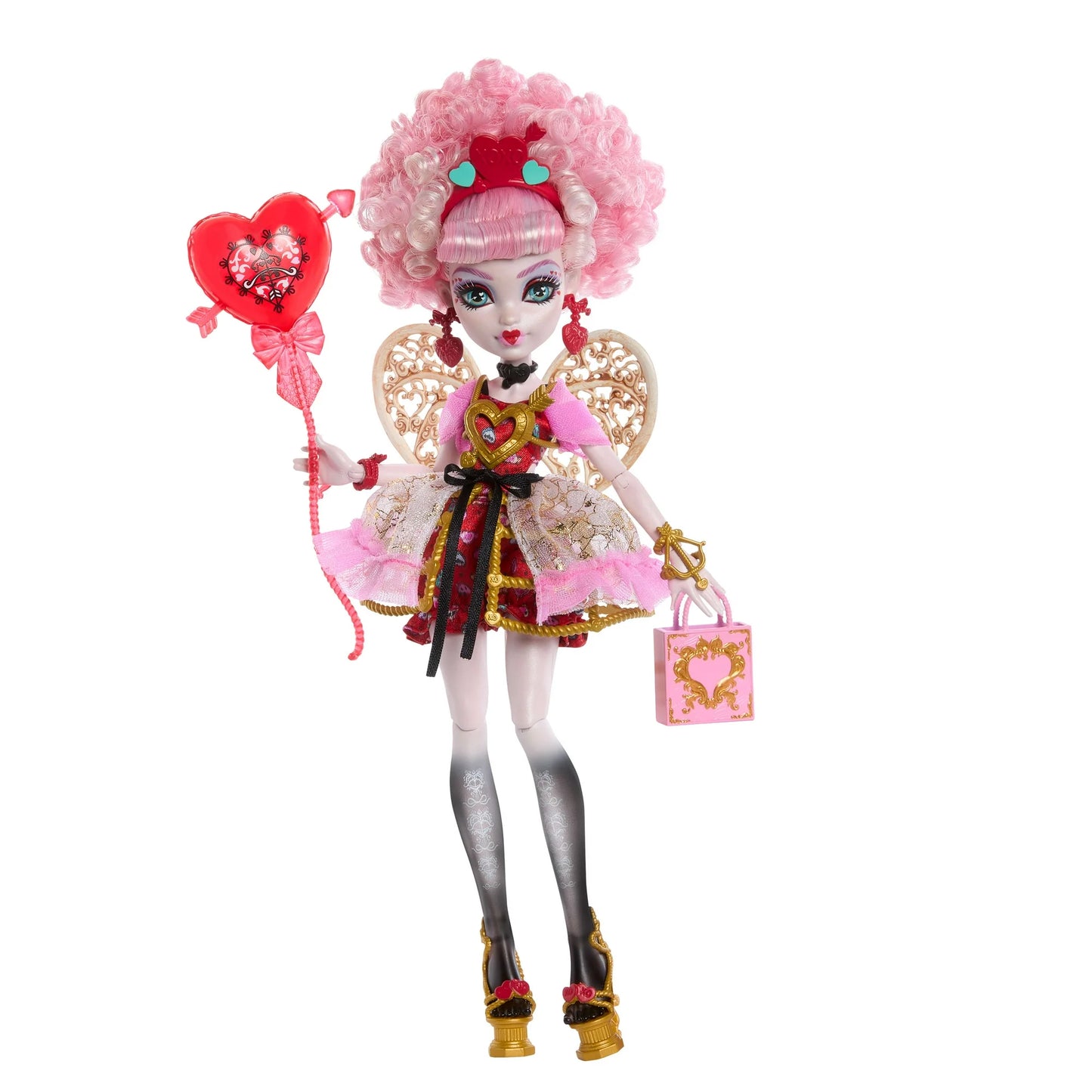 Product view of Monster High Scary Sweet Birthday Cupid Asteria doll wearing a pink and red heart-themed dress and holding a red balloon.