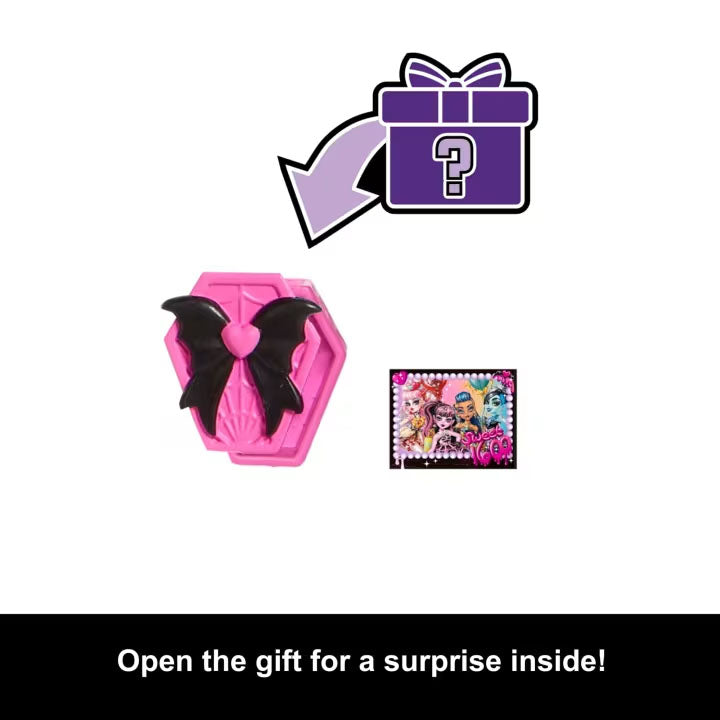 Pink gift box with a black bow and purple gift box with a question mark on a white background.