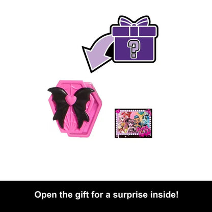 Pink gift box with a black bow and purple gift box with a question mark on a white background.