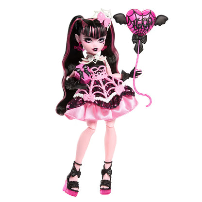 Product view of Monster High Scary Sweet Birthday Draculaura doll wearing a pink spiderweb dress and holding a bat-shaped balloon.