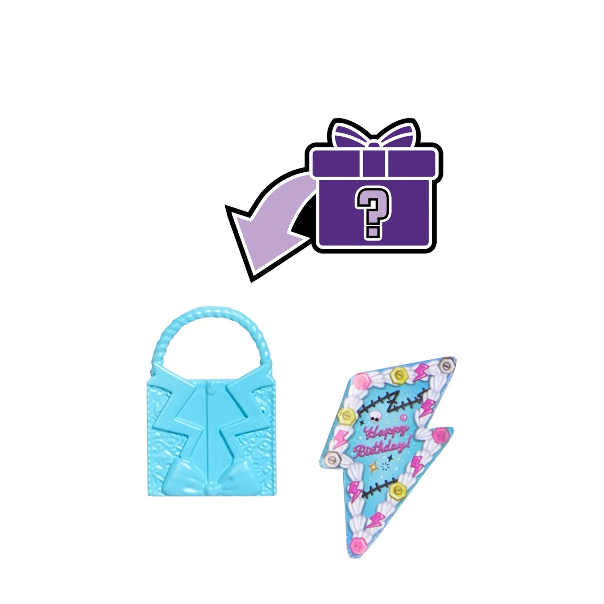 Blue gift-shaped bag with a colorful card and purple gift box icon on a white background