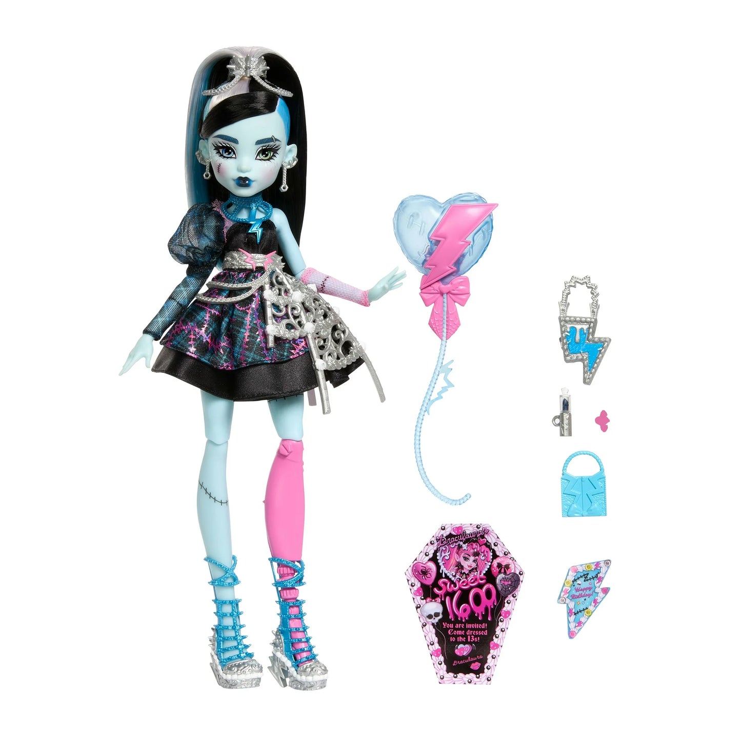 Product view of Monster High Scary Sweet Birthday Frankie Stein doll wearing an electric blue party dress and holding a lightning-shaped balloon.