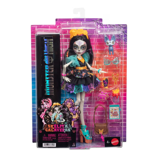 Monster High Skelita Calaveras fashion doll wearing a colorful papel picado dress alongside her pet xolo dog Candelita.