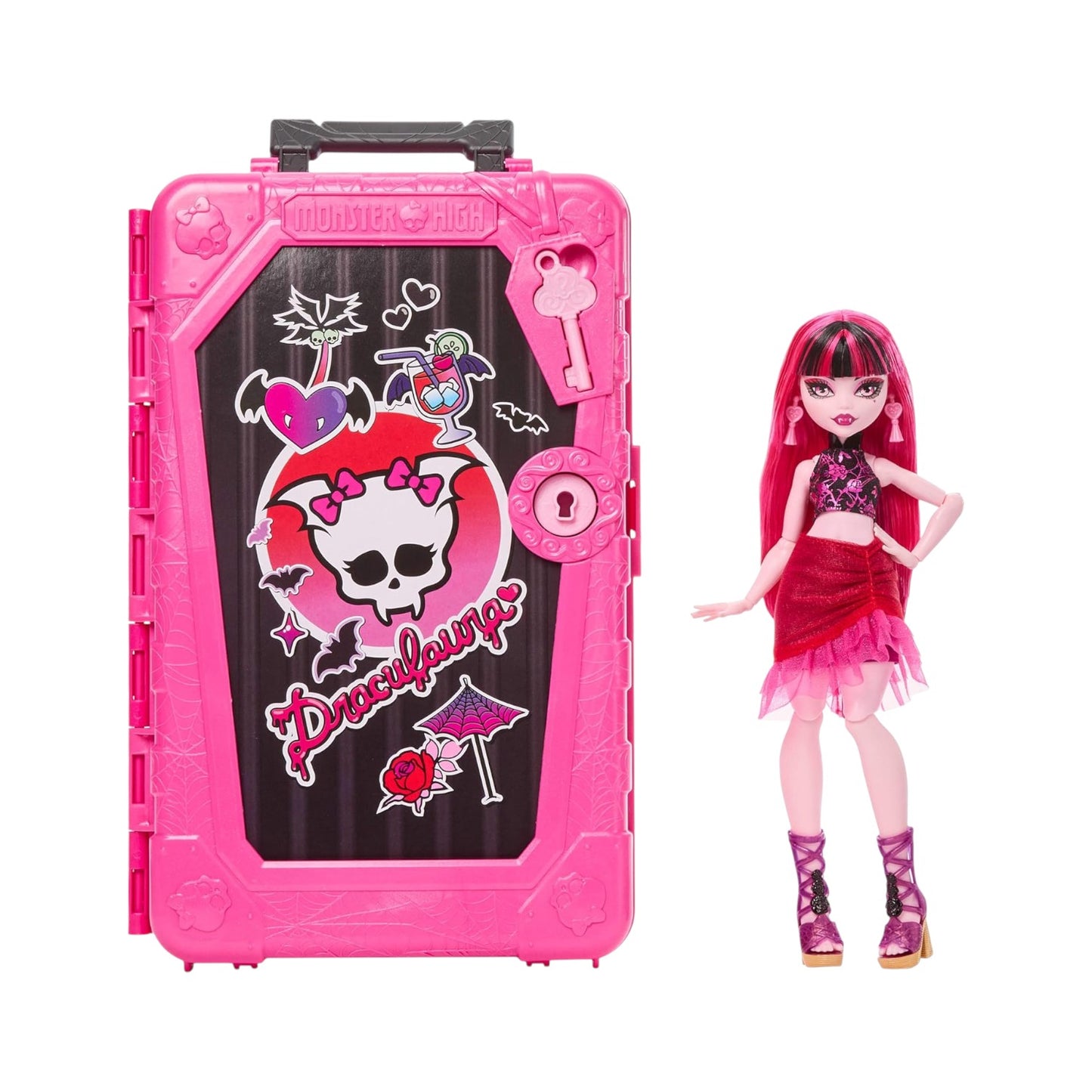 Monster High Skulltimate Secrets Gore-Geous Oasis Draculaura doll with pink suitcase on a white background