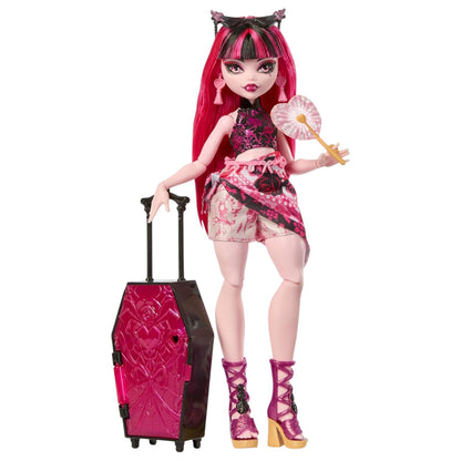 Monster High Skulltimate Secrets Gore-Geous Oasis Draculaura doll with pink storage case, hidden keys, and vacation accessories.
