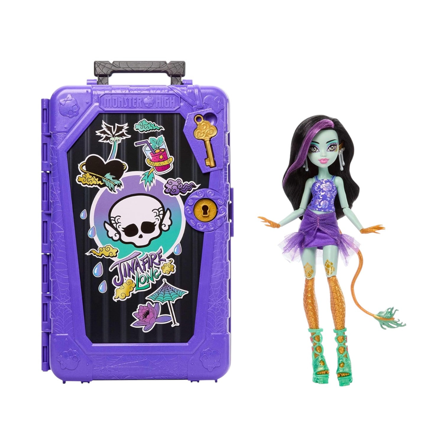 Monster High Skulltimate Secrets Gore-Geous Oasis Jinafire Long doll with purple suitcase on a white background