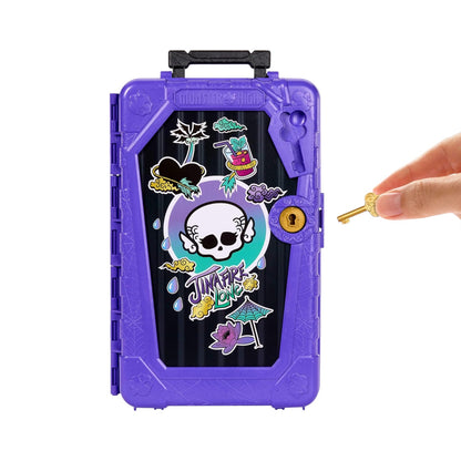 Purple toy case with colorful designs and a hand holding a key on a white background
