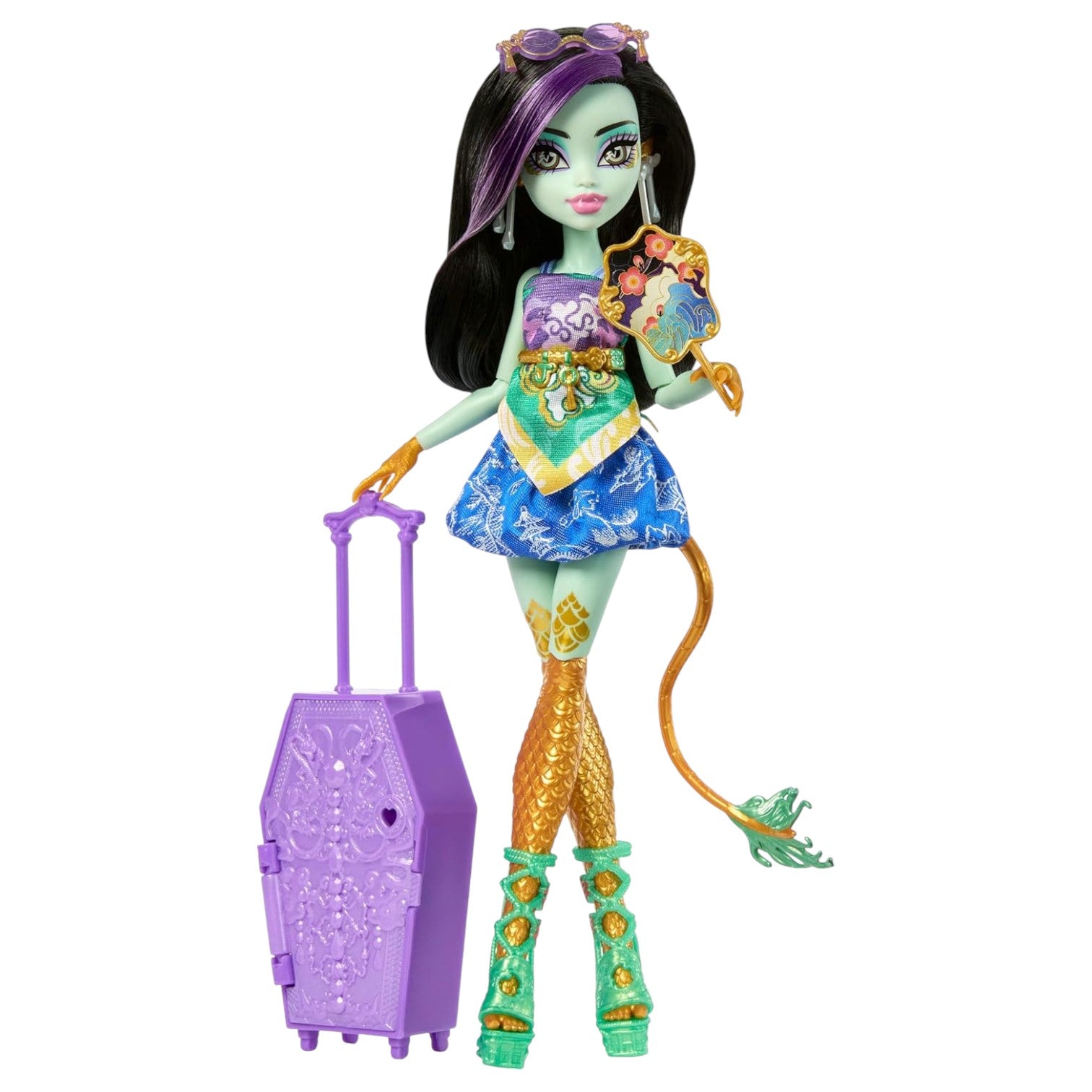 Monster High Skulltimate Secrets Gore-Geous Oasis Jinafire Long doll with purple storage case, gold keys, and vacation accessories.