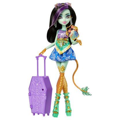 Monster High Skulltimate Secrets Gore-Geous Oasis Jinafire Long doll with purple storage case, gold keys, and vacation accessories.