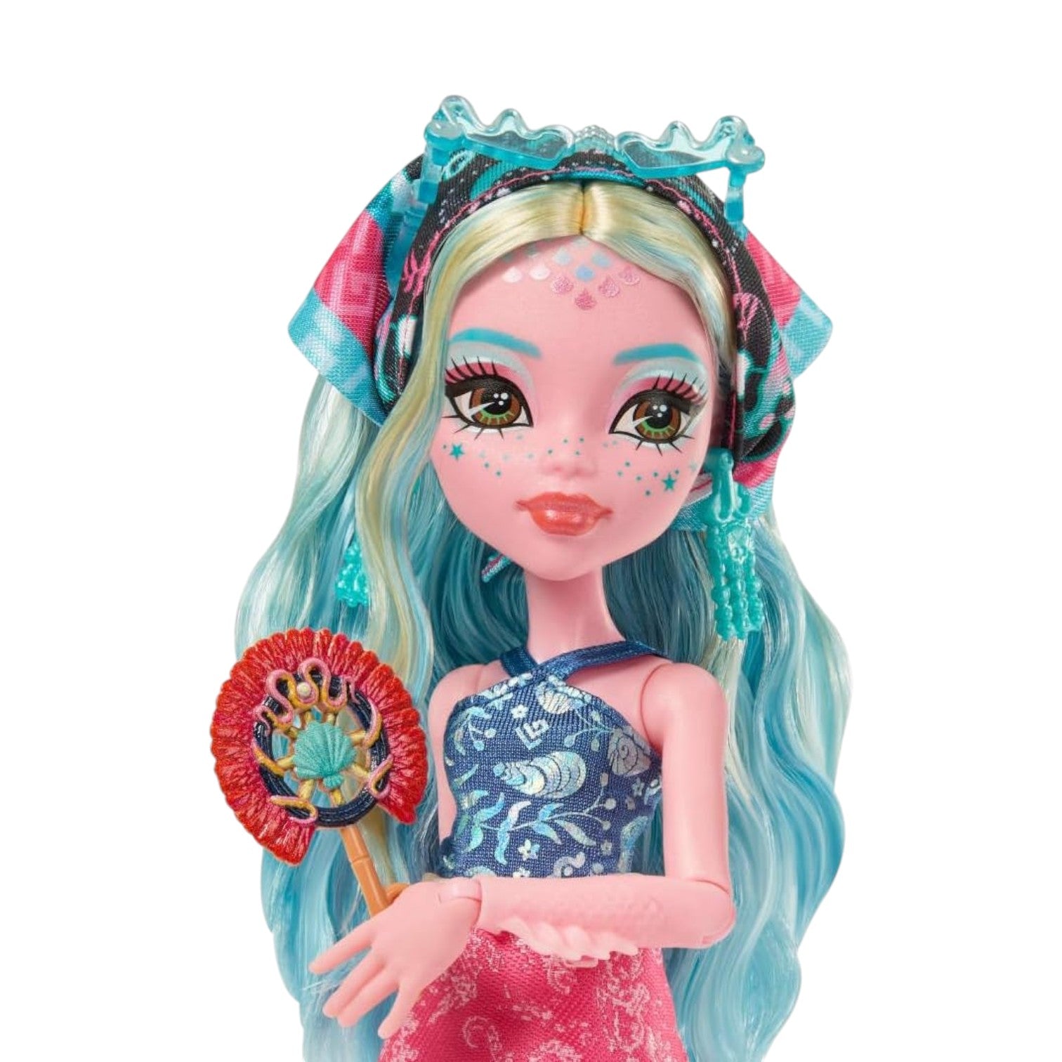 Monster High Skulltimate Secrets Gore-Geous Oasis Lagoona Blue doll with blue hair and a decorative headband on a white background