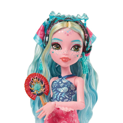 Monster High Skulltimate Secrets Gore-Geous Oasis Lagoona Blue doll with blue hair and a decorative headband on a white background
