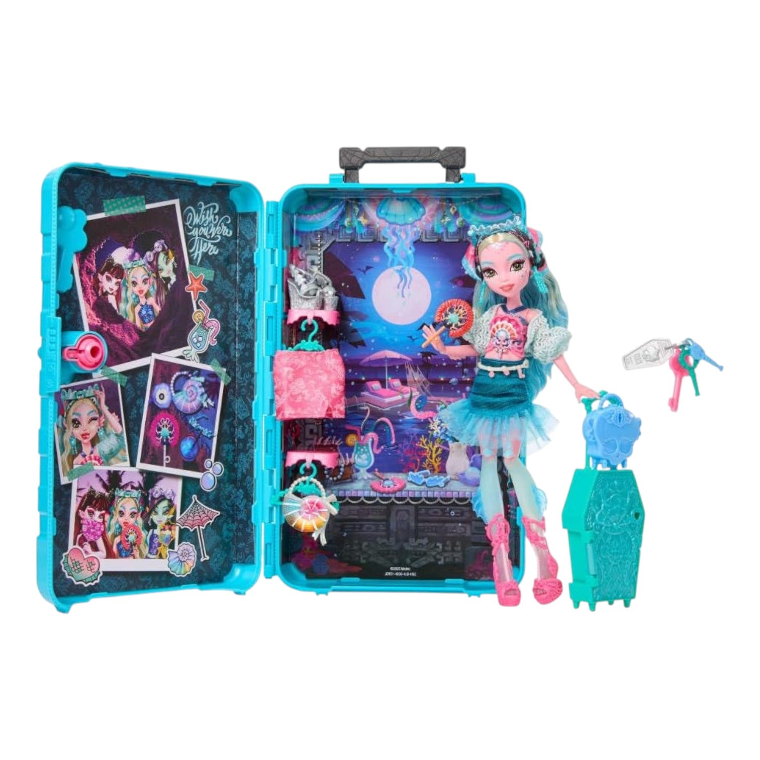 Monster High Skulltimate Secrets Gore-Geous Oasis Lagoona Blue doll set with accessories in a blue suitcase on a white background