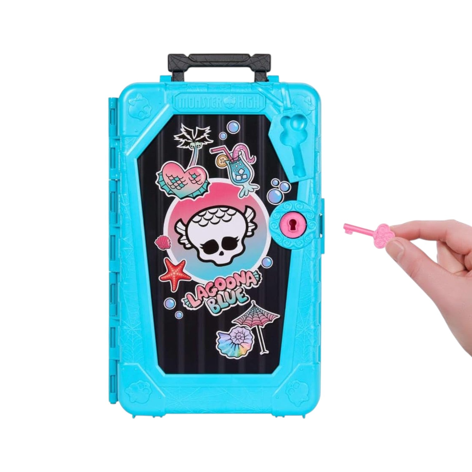 Blue toy case with a hand holding a pink object on a white background