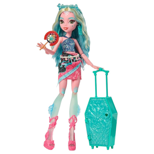 Monster High Skulltimate Secrets Gore-Geous Oasis Lagoona Blue doll with turquoise storage case, hidden keys, and vacation accessories.