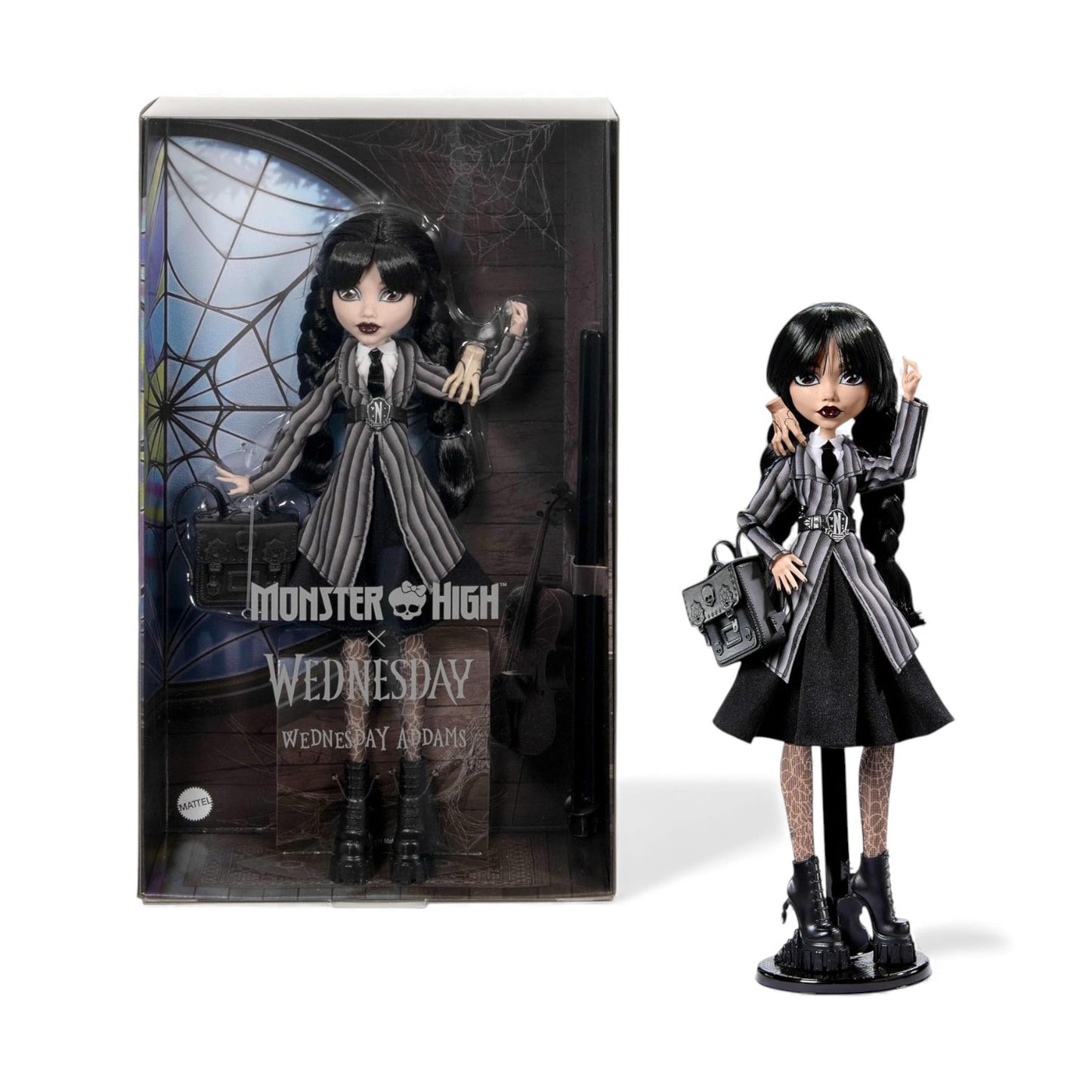 Monster High Wednesday Addams doll with packaging on a white background