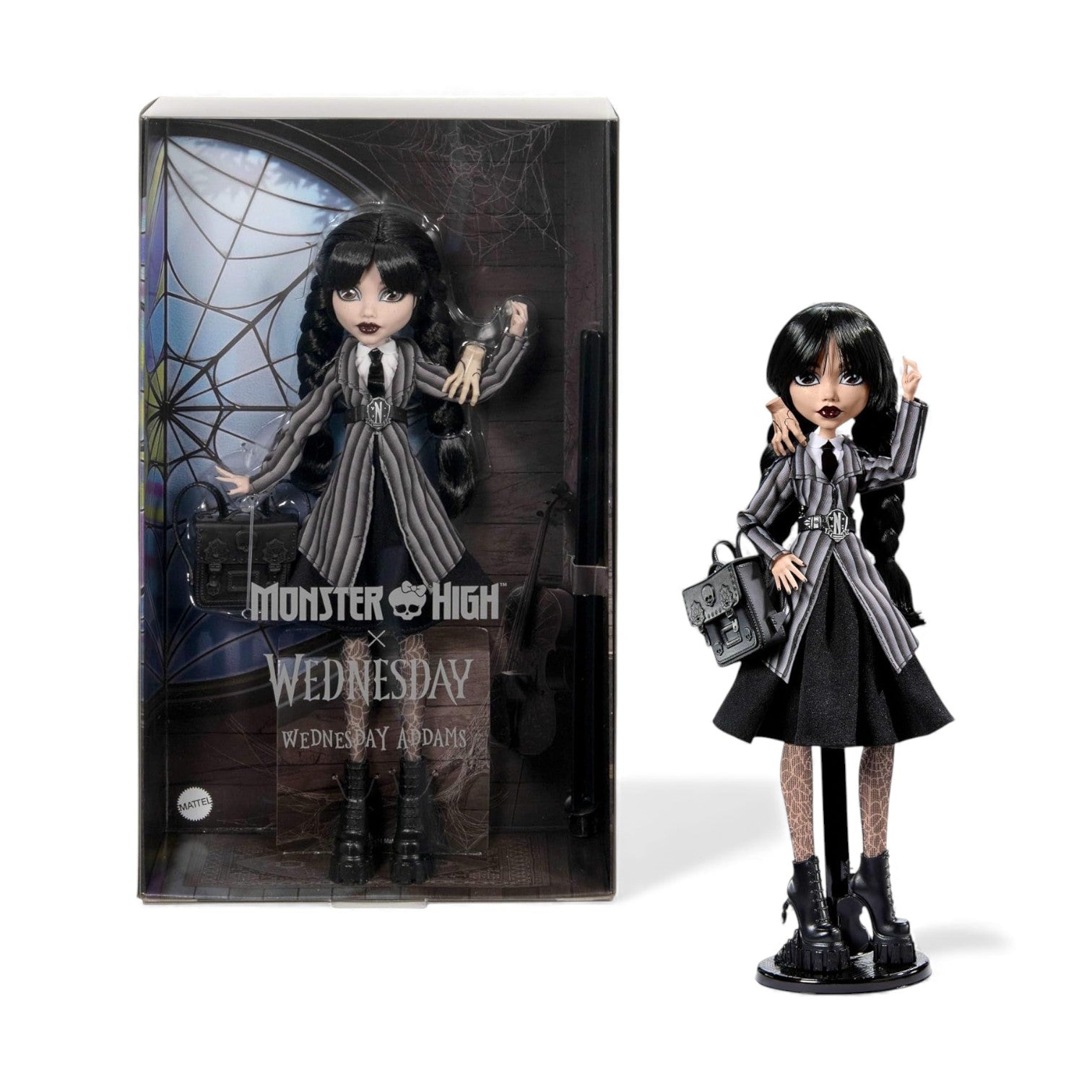 Monster High Wednesday Addams doll with packaging on a white background