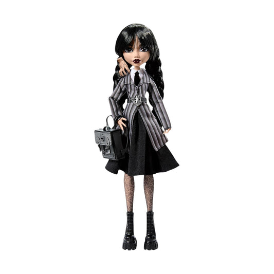 Product view of Monster High x Wednesday Addams doll wearing Nevermore Academy uniform with Thing on her shoulder and holding a black backpack.