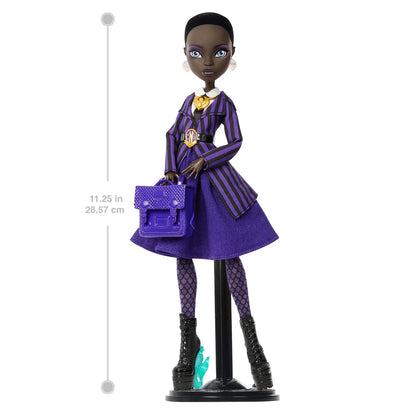 Doll in a purple outfit with a measuring stick on a white background