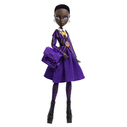 Product view of Monster High x Wednesday Bianca Barclay doll wearing a purple striped Nevermore Academy uniform and holding a purple satchel.