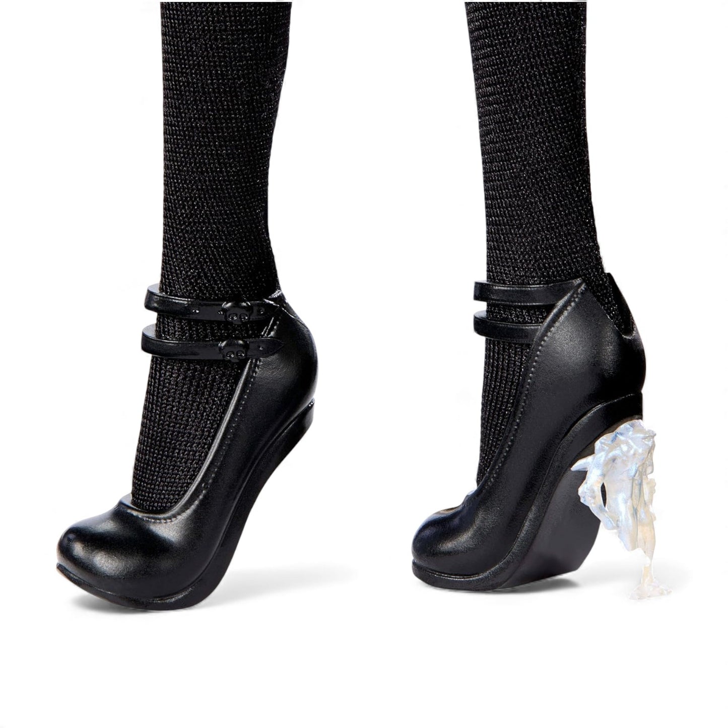 Black shoes with unique heel design on a white background