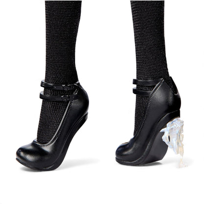 Black shoes with unique heel design on a white background