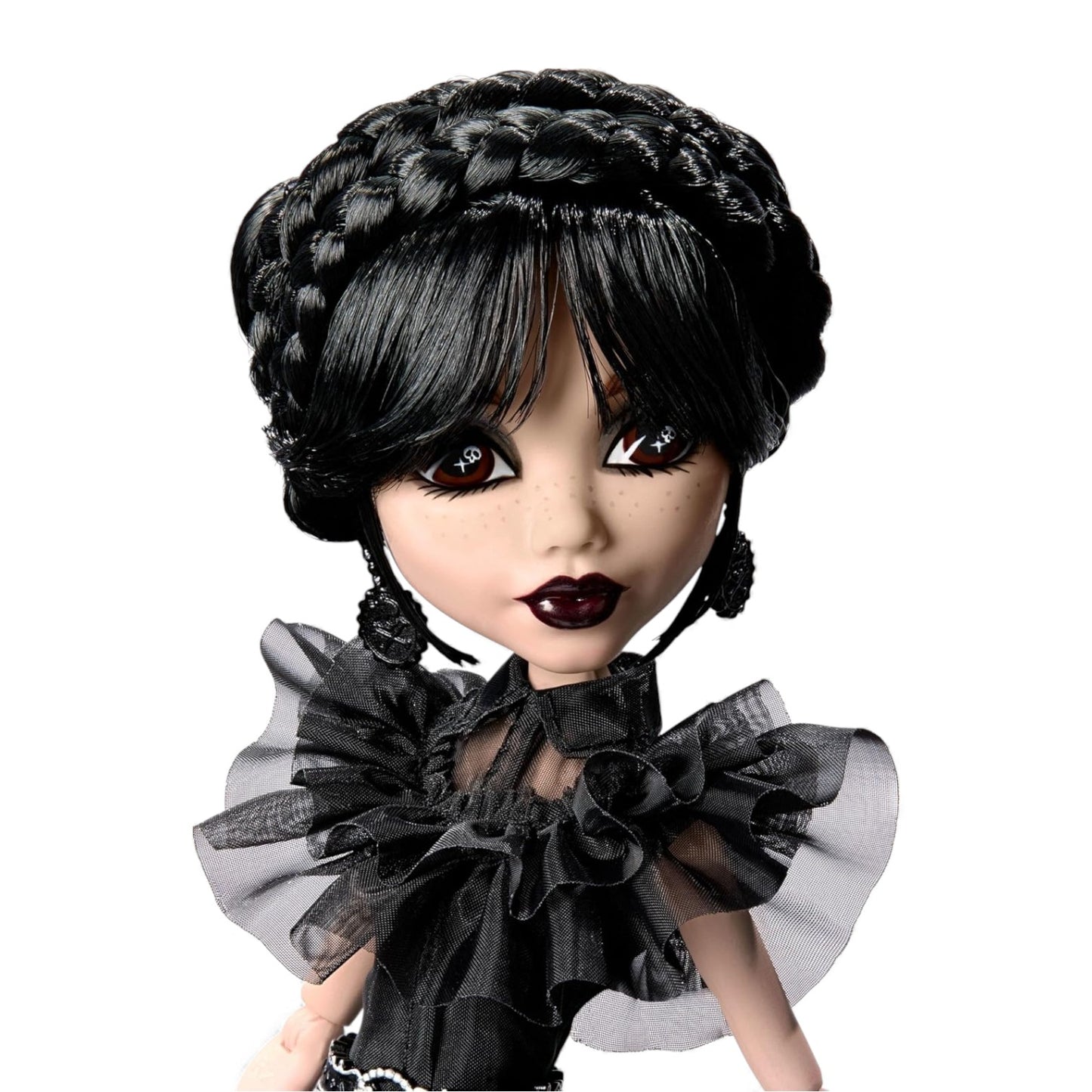 Wednesday Addams Monster High Doll with braided black hair and dark makeup wearing a black outfit on a white background