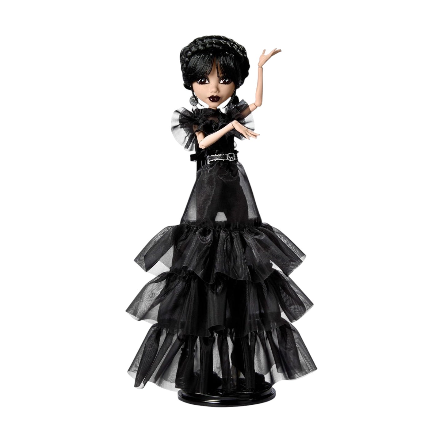 Wednesday Addams Monster High doll in a black gothic-style dress on a white background