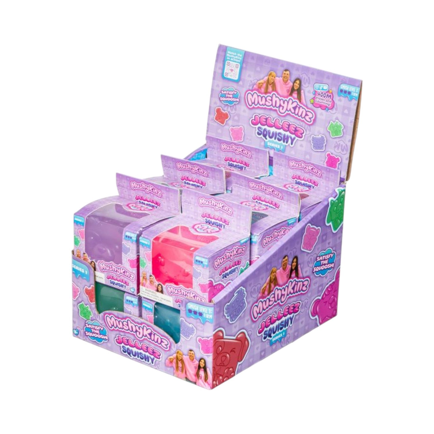 Display box of MushyKinz Jelleez Squishy toys on a white background