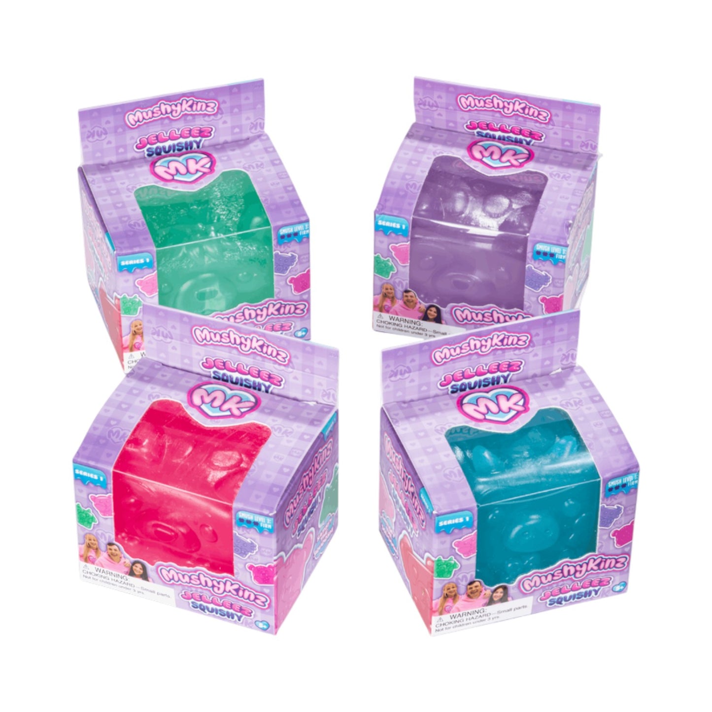 Four packages of Mushykins toys in different colors on a white background