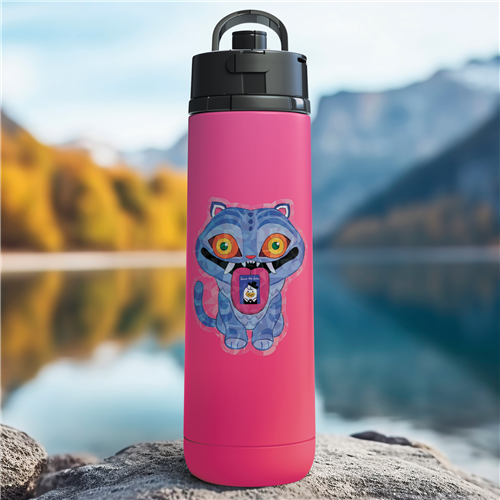 Pink water bottle with a cartoon character on a rock by a lake with mountains in the background
