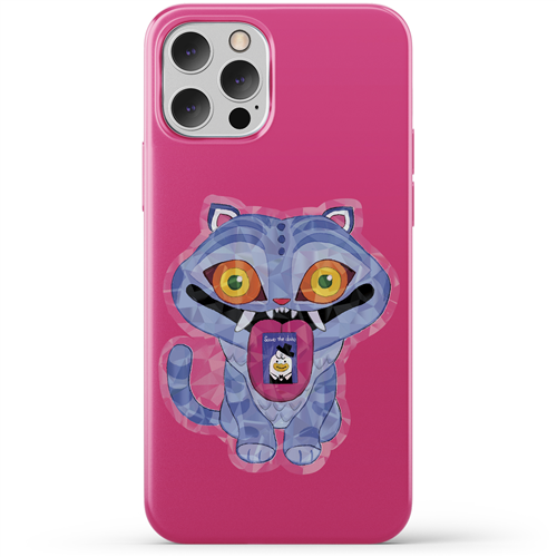 Phone case with a colorful cat design on a pink background