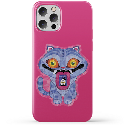 Phone case with a colorful cat design on a pink background