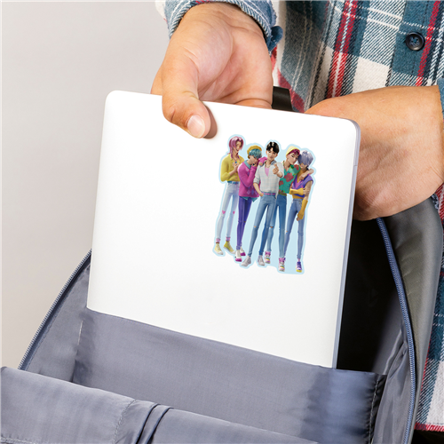 Person holding a laptop with colorful illustrations of people in a pocket