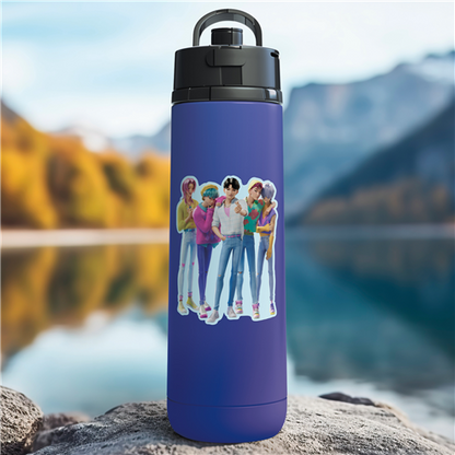 Blue insulated bottle with a design of five people standing together on a rock by a lake.