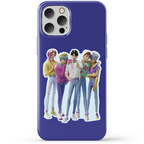 Phone case with animated characters on a purple background