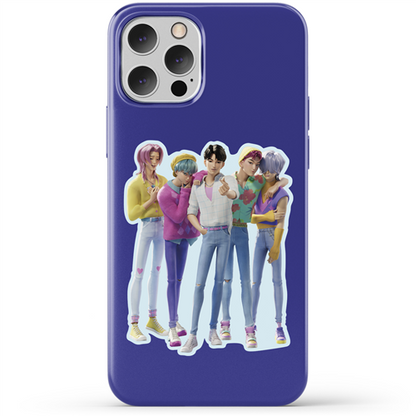 Phone case with animated characters on a purple background