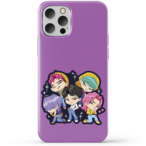 Purple phone case with cartoon characters on a white background